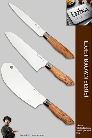 Light Brown Serisi Mutfak Bıçak Et Sebze 3 Lü Şef Bıçağı Mft-476 Kahverengi