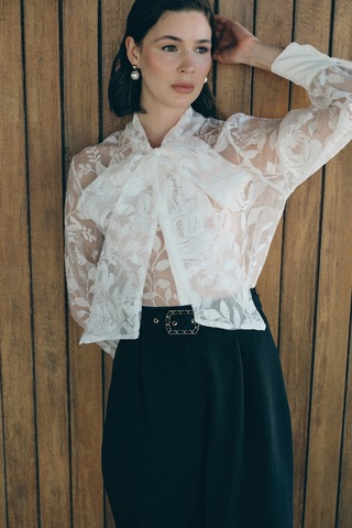 Sateen Fularlı Çiçek Desenli Gömlek - Ekru-136466 Ekru