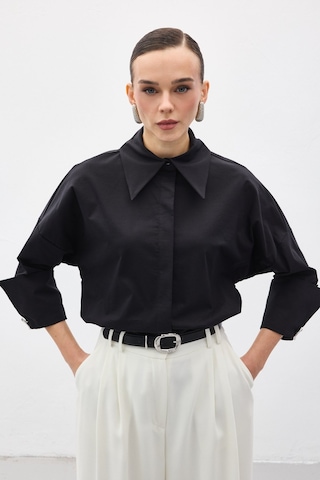 Sateen Düğme Detaylı Gömlek - Siyah-137149 Siyah