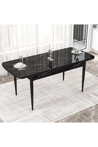 Canisa Concept Kor Serisi MDF 70x114 Açılabilir Mutfak Masası Takımı Siyah Mermer Desen Masa 6 Lacivert Sandalye Masa Siyah Mermer Sandalyeler Lacivert