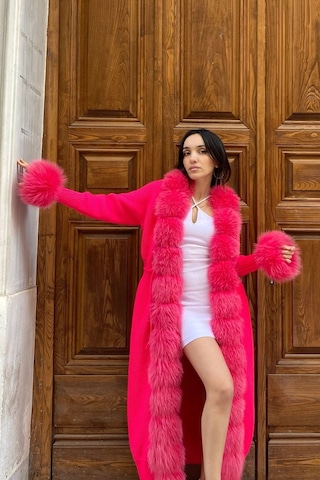 Lava Design Kürklü Triko Hırka & Uzun Triko Hırka & Kadın Triko Hırka Pembe