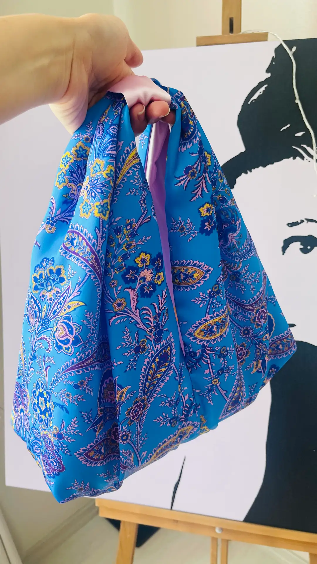 El'moda Alaçatı Serisi : Limited Edition Mavi Şal Desenli Çanta - Mavi Şal Desenli Pembe Saten Astarlı El Çantası Mavi - Pembe