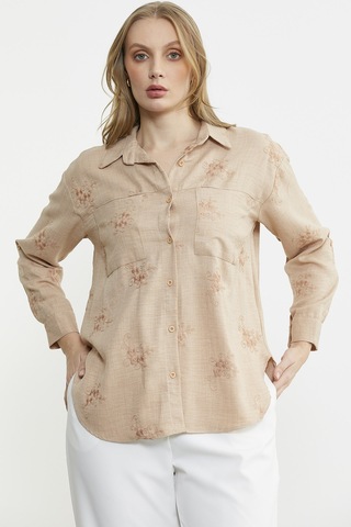 Çiçek Nakış Detaylı Cepli Gömlek - Bej Bej