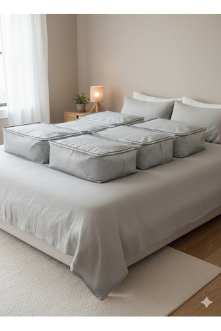 6'lı Gri Çizgili Büyük Baza Altı & Çekyat Tipi Tela Hurç 65x45x22 Cm Fermuarlı Saklama Ve Düzenleme Hurcu Gri