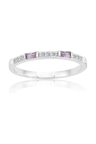 Baget Gümüş Yüzük - 925 Ayar Gümüş Baget Sıralı 0.25 Karat Ametist Taşlı Kadın Yüzük - Sevgiliye Beyaz