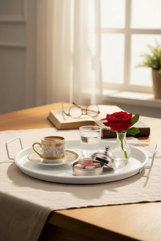 Metal Sunum Tepsi.çay Kahve Pasta Tatlı Servis 24 Cm Beyaz Hasır
