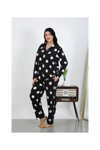 Najmaddin.com Beru Kadın Büyük Beden Pamuklu Cepli Düğmeli Siyah Pijama Takım