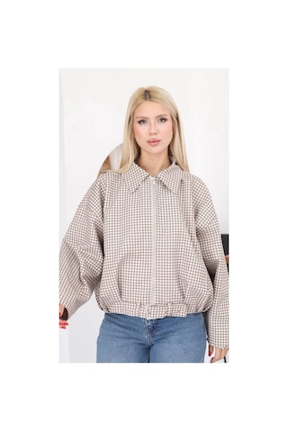 Moda Banuş Ekose Pile Detay Bomber Mevsimlik Ceket-oversıze Bej