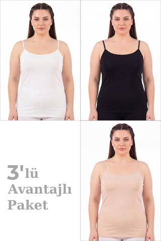 Arma Yıldız Kadın Büyük Beden İp Askılı Atlet Pamuklu Likralı Yumuşak Esnek Kumaş 3'lü Paket Beyaz Siyah Ten