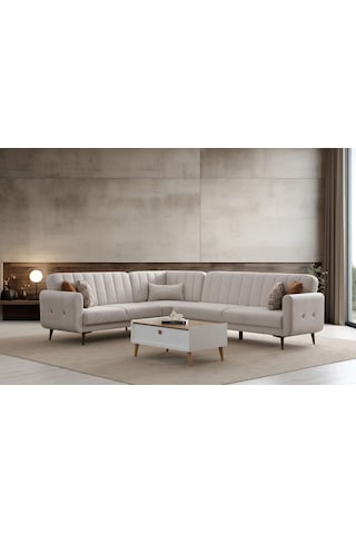 Bona 3 + L Köşe+3'lü Köşetakımı Bej Valebo-03 Ceviz Ayak Bej