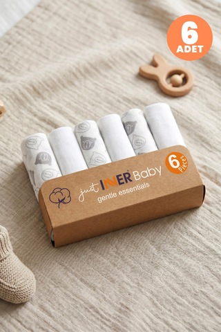 Just Inner Erkek Bebek 6'lı %100 Pamuk Ağız Mendili Ayıcık Desenli Kutulu Set Nefes Alan Doku 582201 Krem