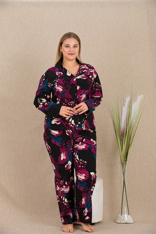 L'ombre Büyük Beden Renkli Desenli Düğmeli Uzun Kol Viskon Pijama Takımı Çok Renkli