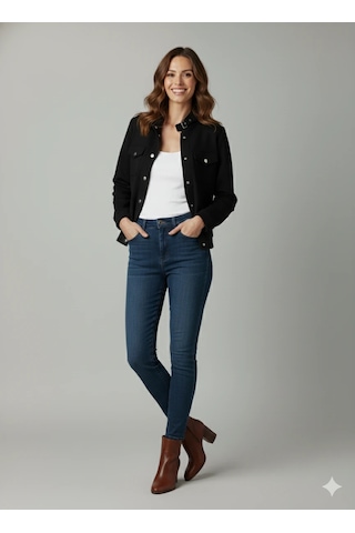 Kadın Taba Zarif Kısa Ceket Toka Detaylı Dik Yaka Cepli Süet/kaşe Baharlık Ceket Siyah