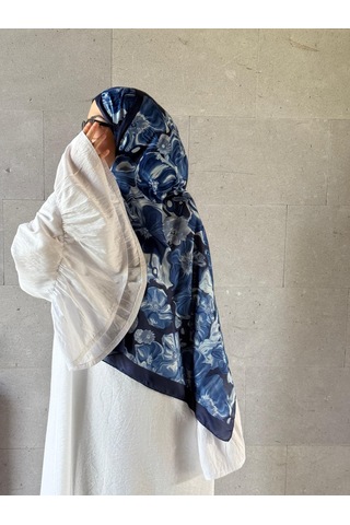 Qalortex Scarf Pamuklu Mimoza Desen Şal- Lacivert