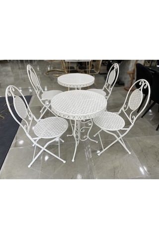 Ferforje Katlanır 1 Masa 4 Sandalye Balkon Takımı Beyaz 60cm Beyaz