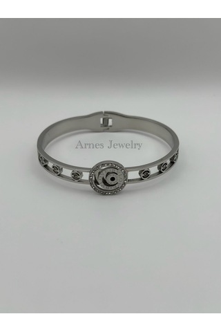 Arnes Jewelry Çelik Silver Zirkon Taşlı Kelepçe Bileklik Ar19 Silver