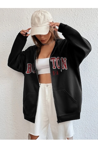 Altamira Unisex Bej Boston Baskı Kapüşonlu Hırka 001