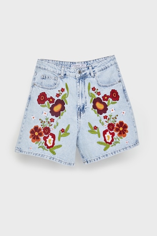 it's basic Kadın Ice Kot Rengi 3s5-3 Kırmızı Çiçek Nakışlı Midi Boy %100 Koton Rahat Kesim Tasarım Denim Şort Ice Rengi