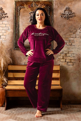 Nisanca Büyük Beden Kadife Kadın Pijama Takımı - Süper Soft Kadife Mürdüm