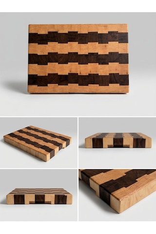 Nfzz Ceviz Ladin End Grain Kesme Tahtası 41x26x4 Cm Masif Ahşap Kasap Bloku Kahverengi - Krem