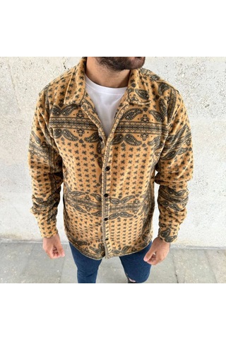 Mbb E-ticaret Erkek Düğmeli Gömlek Polar Sweatshirt Yumuşak Dokulu Oversize Kalıp -sarı