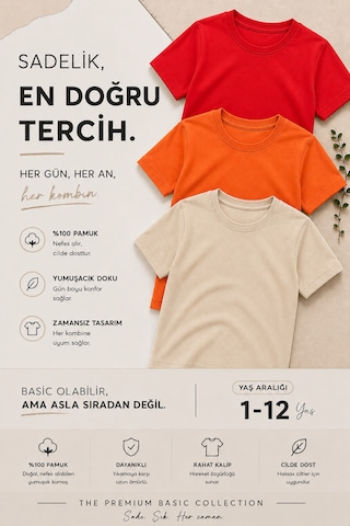 Overmax Çocuk Basic 3' Lü Tişört Seti Zamansız Şıklık, Gün Boyu Konfor Kırmızı-turuncu-bej - 887278767 Kırmızı-turuncu-bej