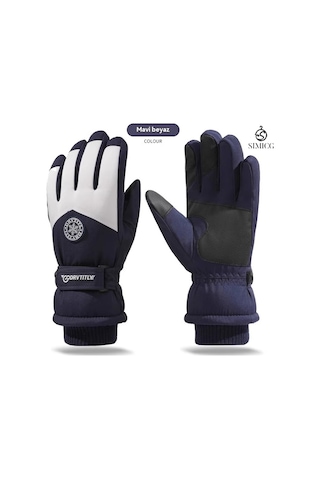 Kayak Sıcak Rüzgar Geçirmez Su Geçirmez Dokunmatik Ekran Eldiveni Mavi Beyaz