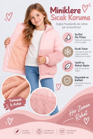 Ahengim Kız Çocuk Kapüşonlu Peluş Detaylı Şişme Mont Fermuarlı Sıcak Tutan Kışlık Ceket Ak4291 Pudra