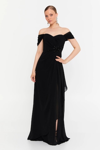 Doridorca Kadın Düşük Kollu Taş Detaylı Şifon Maxi Boy Abiye Elbise 7035 Siyah Siyah