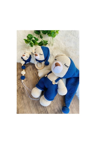 Adenya Sepeti Sepeti Masala Ayıcık Set Lacivert Renk Örgü Amigurumi Oyuncak + Diş Kaşıyıcı + Emzik Askısı