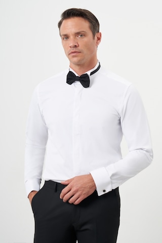 Morven Erkek Beyaz Manşetli Düz Desen Ata Yaka Slim Fit Gömlek Beyaz