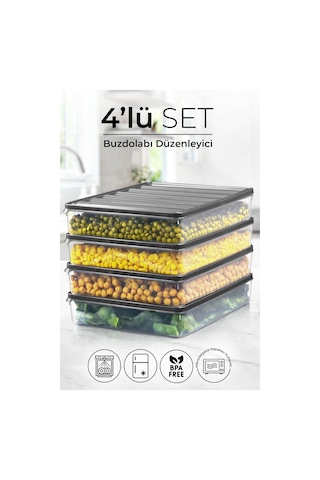 Kitchen Life 4 lü 2500 ML Buzdolabı ve Mikrodalga Saklama Kabı - Buzdolabı Organizeri Saklama Kutusu Şeffaf