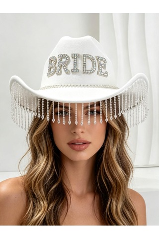 Valkyrie Bride Yazılı Taşlı Beyaz Kovboy Şapkası Kristal Püsküllü Bekarlığa Veda, Düğün Ve Party Aksesuarı