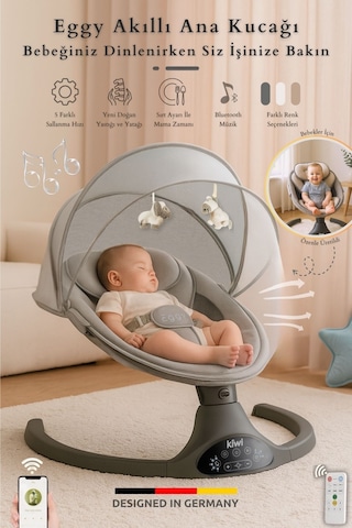 Kiwi Eggy Plus Elektrikli Otomatik Sallanan Bebek Ana Kucağı, 5 Farklı Sallanma Hızı, Oyuncaklı Gümüş
