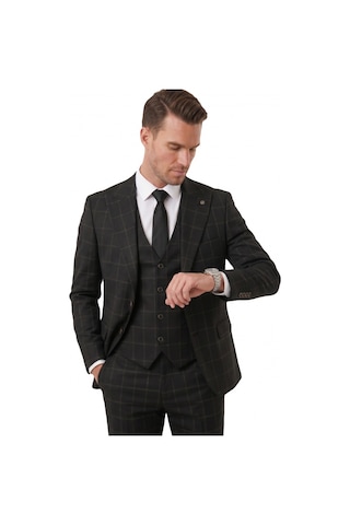 Deepsea Erkek Siyah Slim Fit 3 Lü Takım Elbise Kareli Ekose Desenli Yelekli Şık Takım 2600517