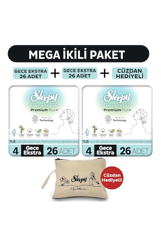 Sleepy Bio Natural Premium Plus Hijyenik Ped Mega Paket Gece Extra 26x2 (52 Adet) + Cüzdan Hediyeli