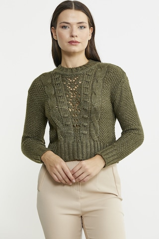 Sementa Saç Örgü Motifli Crop Yünlü Triko Kazak - Haki 001