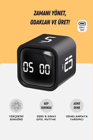 GWORKE Gt-1 Pomodoro Zamanlayıcı Küp Flip Timer Öğrenci Ders Çalışma Saati, Mutfak Kronometresi - Siyah
