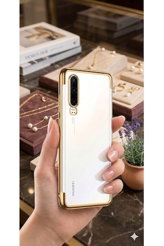 Huawei P30 Kılıf Dört Köşeli Lazer Silikon Kılıf Gold