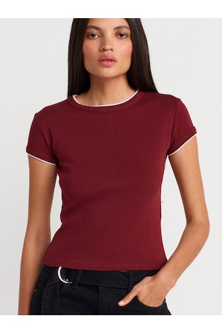 Dilvin 31750 Kontrast Kısa Kollu Tshirt-açık Bordo Açık Bordo