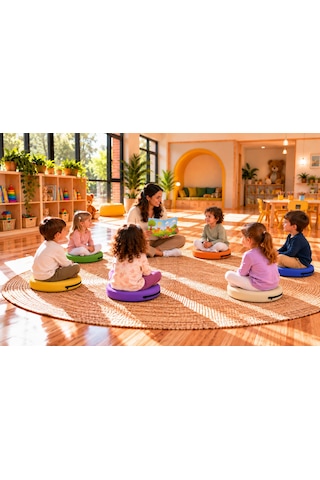 Kreş Anaokulu Yuvarlak Oyun Minderi Aktivite Minderi 40x40x5 Cm - Sandalye Minderi - Bahçe Dekor Minderi Yuvarlak Minder Yeşil - Mavi