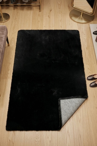 Yüksek Kalite Ekstra Yumuşak Kaymaz Özel Tabanlı Tavşan Peluş Halı Siyah