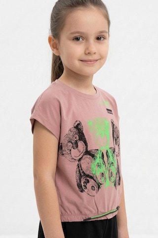New Kids Ayıcık Baskılı Büzgü Detaylı Kısa Kol Kız Çocuk Tişört-91126 Pembe