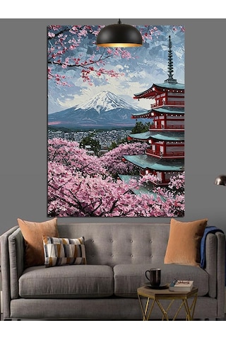 Fuji Dağı Ve Tapınak Manzaralı Japon Sanatı Dekoratif Kanvas - Mdf Ahşap Tablo Çok Renkli