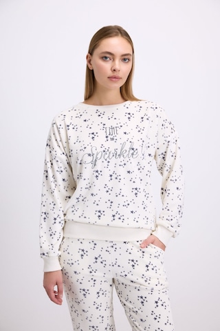 Man11592-1004 Anil Ev Giyim Anıl Kadın Yıldız Desenli Tencel Pamuklu Sweatshirt Ve Pantolon Takımı 11592 Ekru