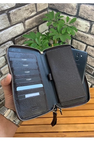 Guard Çift Fermuarlı Kahverengi Hakiki Deri El Çantası Erkek / Kadın P3031 Kahverengi