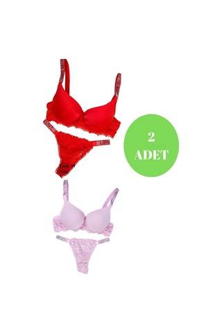 Murays Kadın 2 Li Taşlı Sütyen Takım Kırmızı - Pembe
