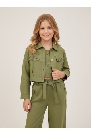 Zekids Kız Çocuk Taş İşlemeli Tasarım Ceket-17154 Yeşil