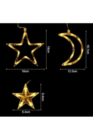 Dekoratif 8 Fonksiyonlu Ay Yıldızlı Perde Led 12 Sarkıt Ip Led Ekstra Yıldızlı Gün Işığı