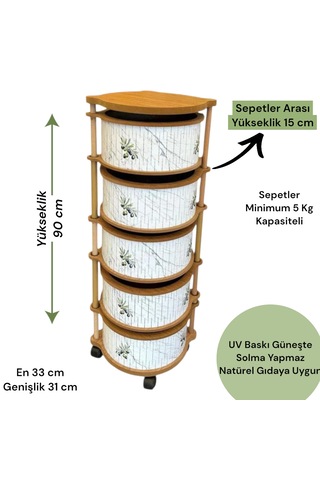 5 Katlı Ahşap Sebzelik Tekerlekli Naturel Gıdaya Uygun Kaliteli Mdf Modern Beyaz - Kahverengi